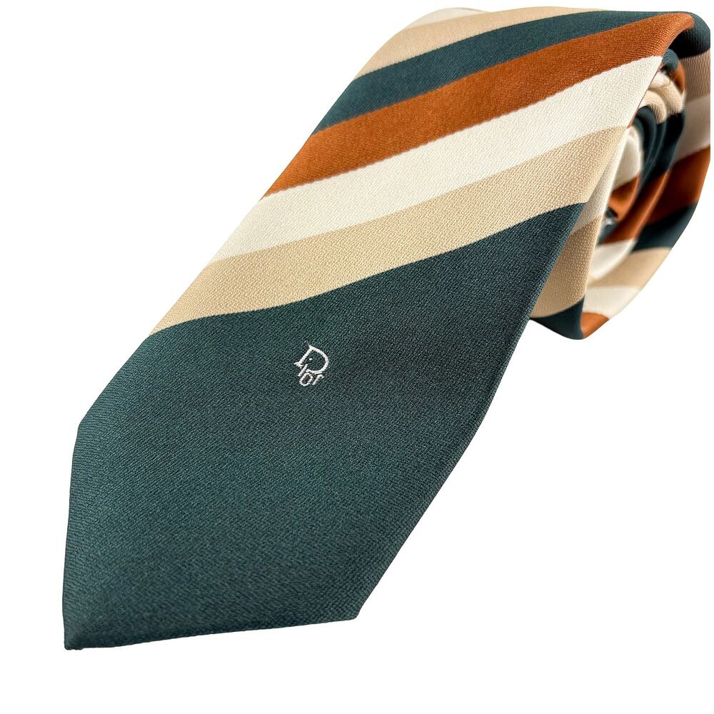 Christian Dior Cravates VTG 80s Mens Tie Green Brown Cream Stripe Logo Polyester